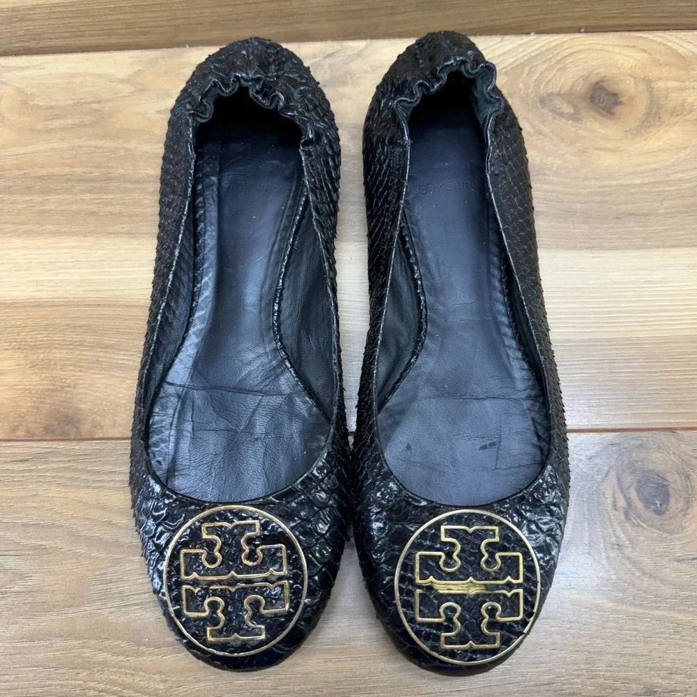 Tory Burch Reva Flats Black Womens 9 M Black Snake Embossed Gold Logo Office